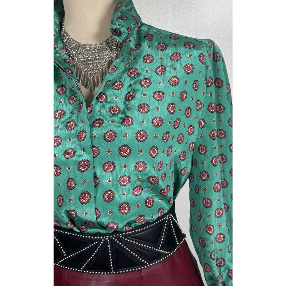 Vintage Emerald Green Geo Blouse | Power Collar | 80s Office | Retro | Boss Lady